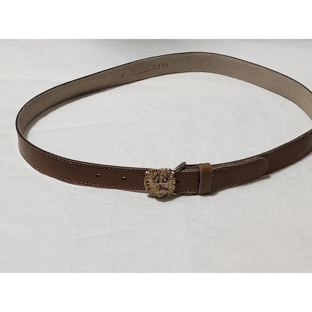 Vintage Anne Klein Calderon Leather Belt Gold Lion Head Buckle Medium Brown Tan
